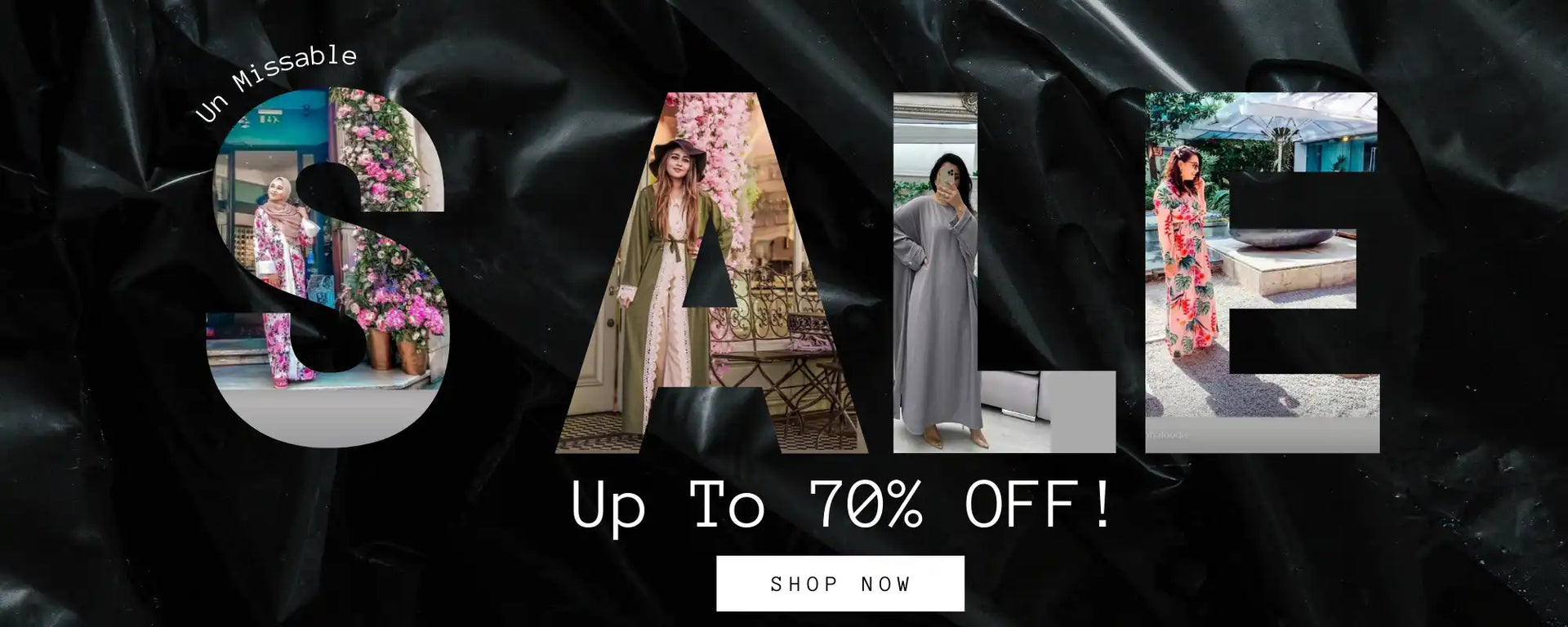 Fashion advertisement with ’SALE’ spelled out in images of people in clothing.