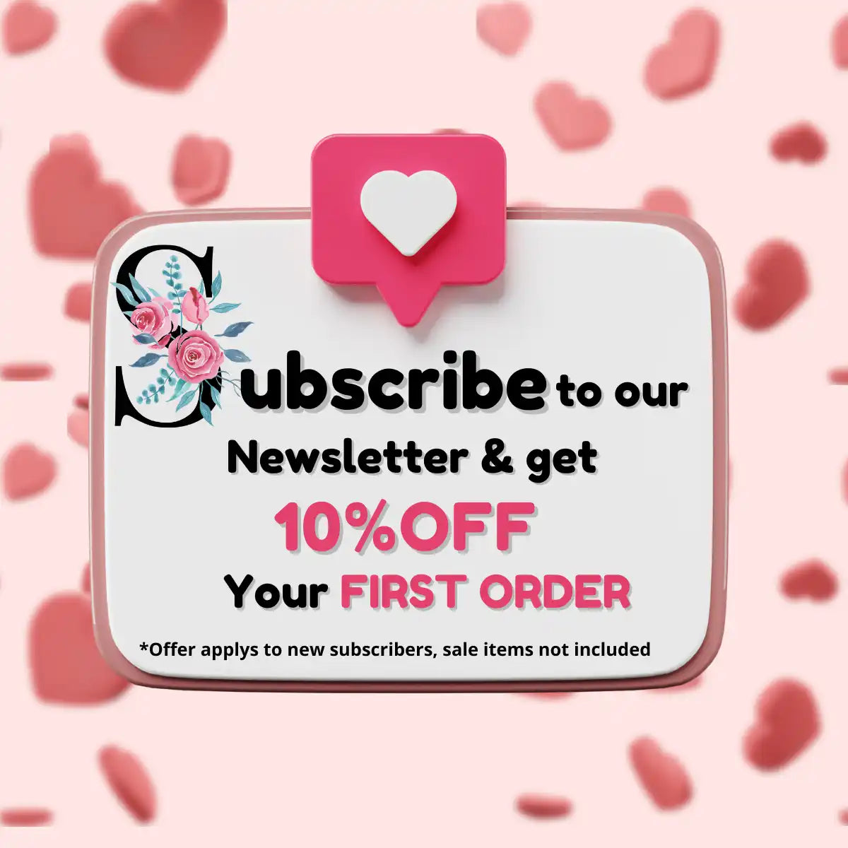 Pink and white ’subscribe’ notification icon with a heart.